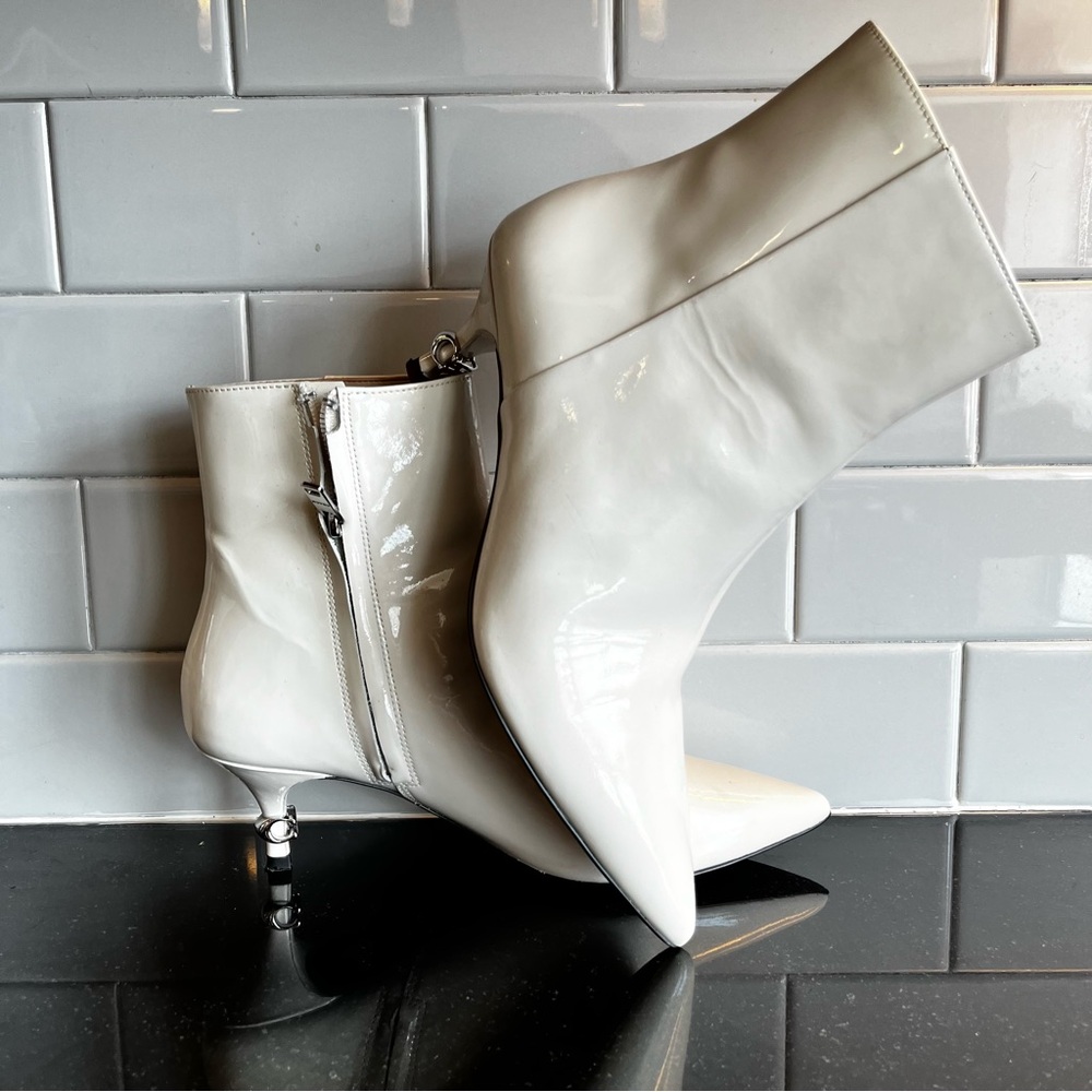 Coach White Patent Leather Pointed Toe Ankle Boots